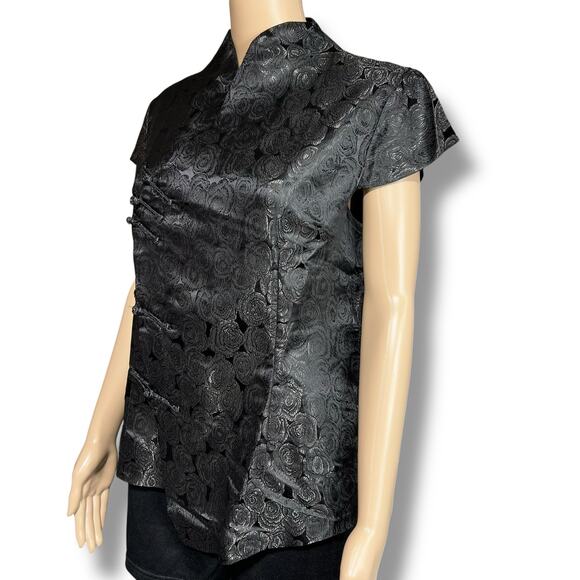 Laogudai Womens Blouse Top Chinese Traditional Satin Shirt Black Floral XXL - Picture 6 of 7
